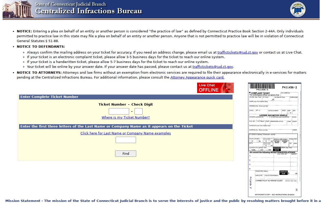 New London County traffic warrant CIB ticket interface